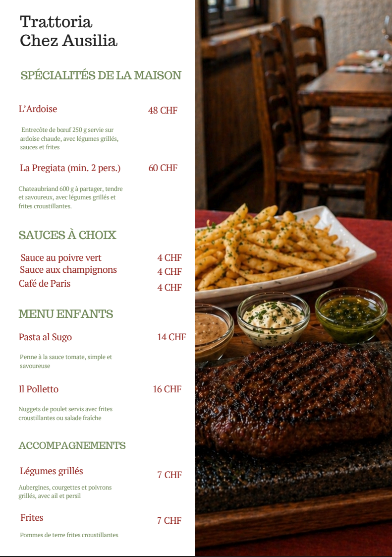 Menu des spécialités de la maison